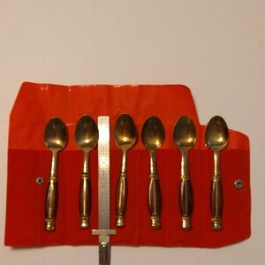 6 Vintage Brass and Rosewood Demitasse Spoons in Original Red Velvet case